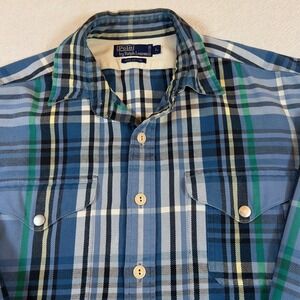 Polo Ralph Lauren Mens Blue Plaid Button Down Work Shirt Double Pockets Size L